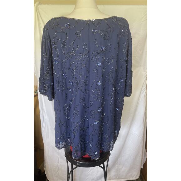 Roamans 1X Royal Navy Blue Intricate Bead & Sequin Short Sleeve Dressy Lined EUC - Picture 3 of 15